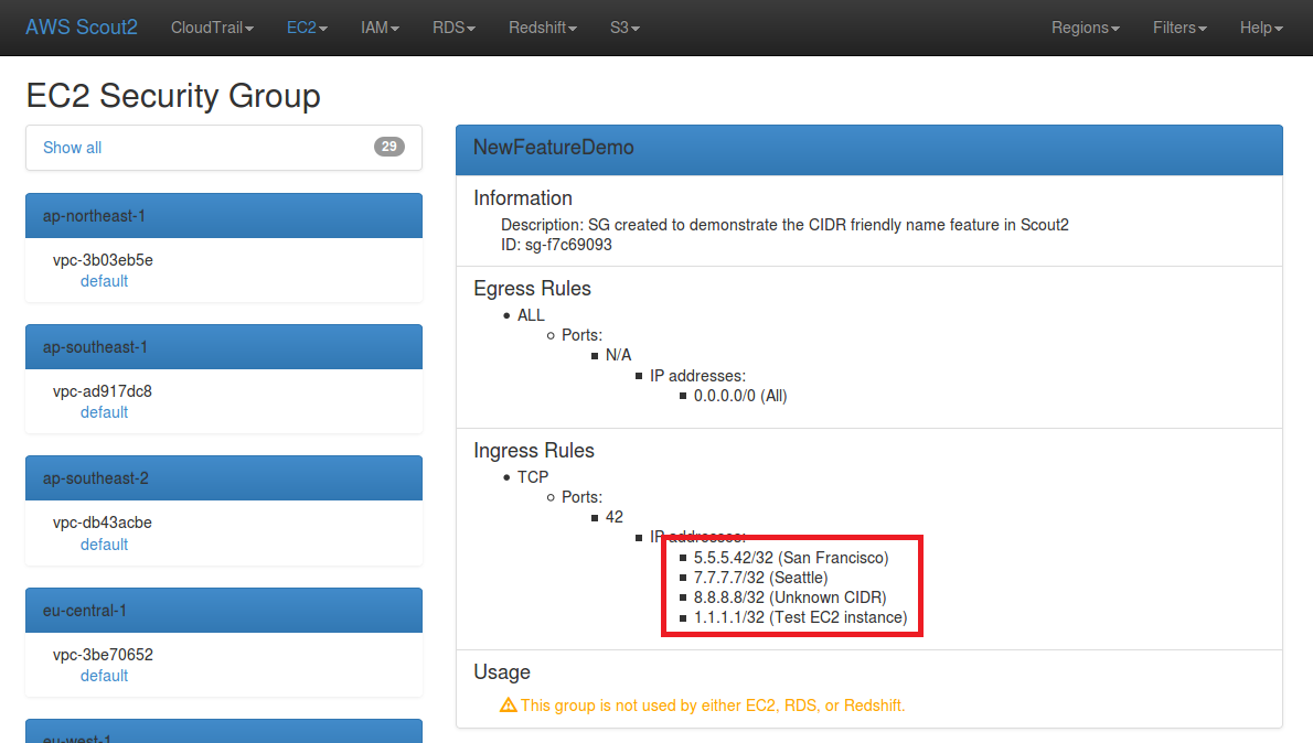 Screenshot: Security group rules display the name of each known CIDRs