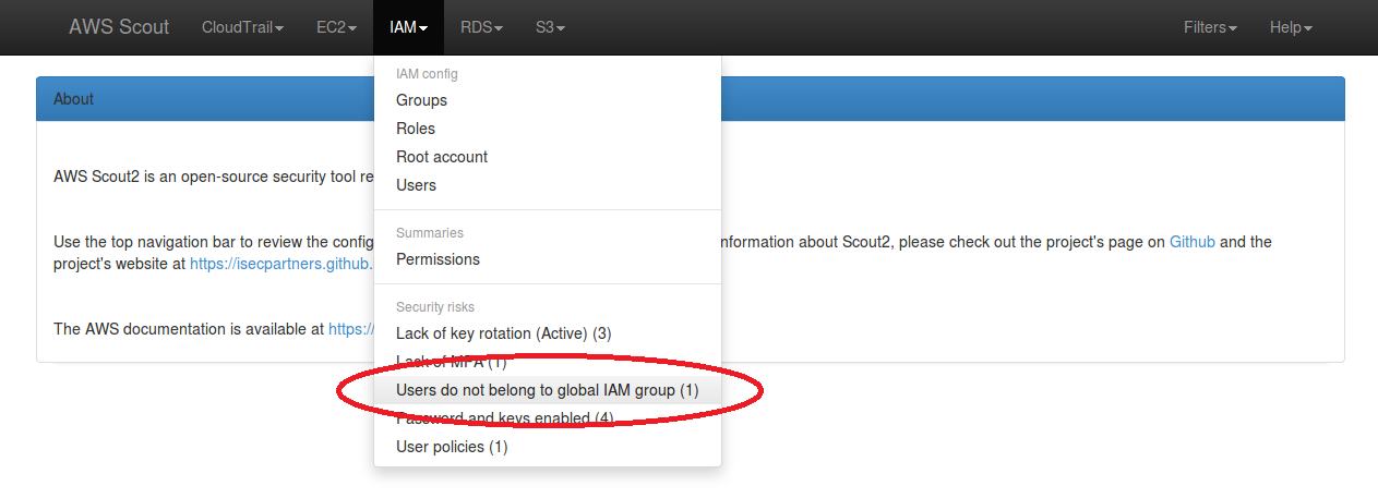 Screenshot: IAM menu dropdown when IAM users do not belong to the common group